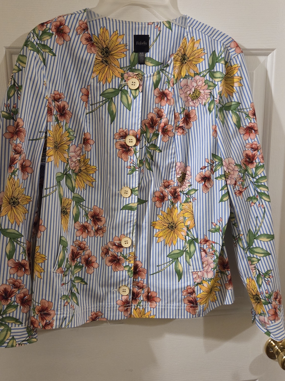 Rafaella Blue & White Striped Top with Pink Floral Print